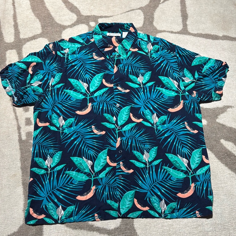 Vintage Cubavera 100% Viscose XL Tropical Black and Dark Green Button Down Shirt